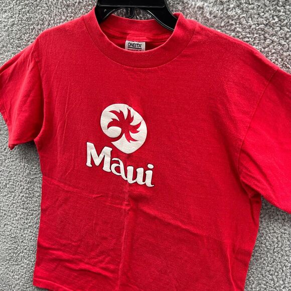 Vintage Oneita Power T pre-shrunk single stitch Puff Maui T-shirt Red size Large - Picture 2 of 13